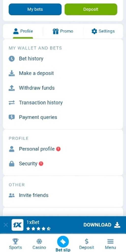 Mobile app interface with 1xBet Withdrawal access and wallet features