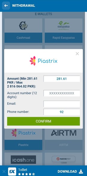 1xBet Withdrawal form showing Piastrix method with amount, account number, and confirm button